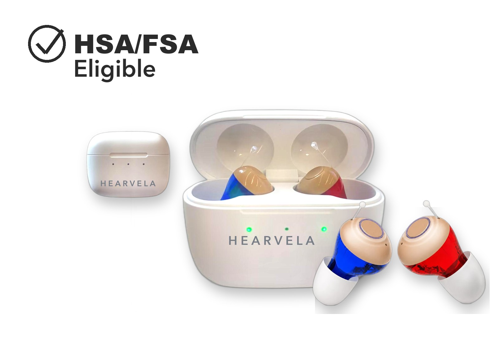 HEARVELA One hearing aids in the open charging case, the closed case, and the two hearing aids